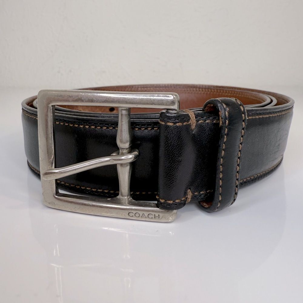 Coach Men’s Black Leather Belt, Solid Brass Silver Buckle, Calfskin Sz 42 - Picture 1 of 6